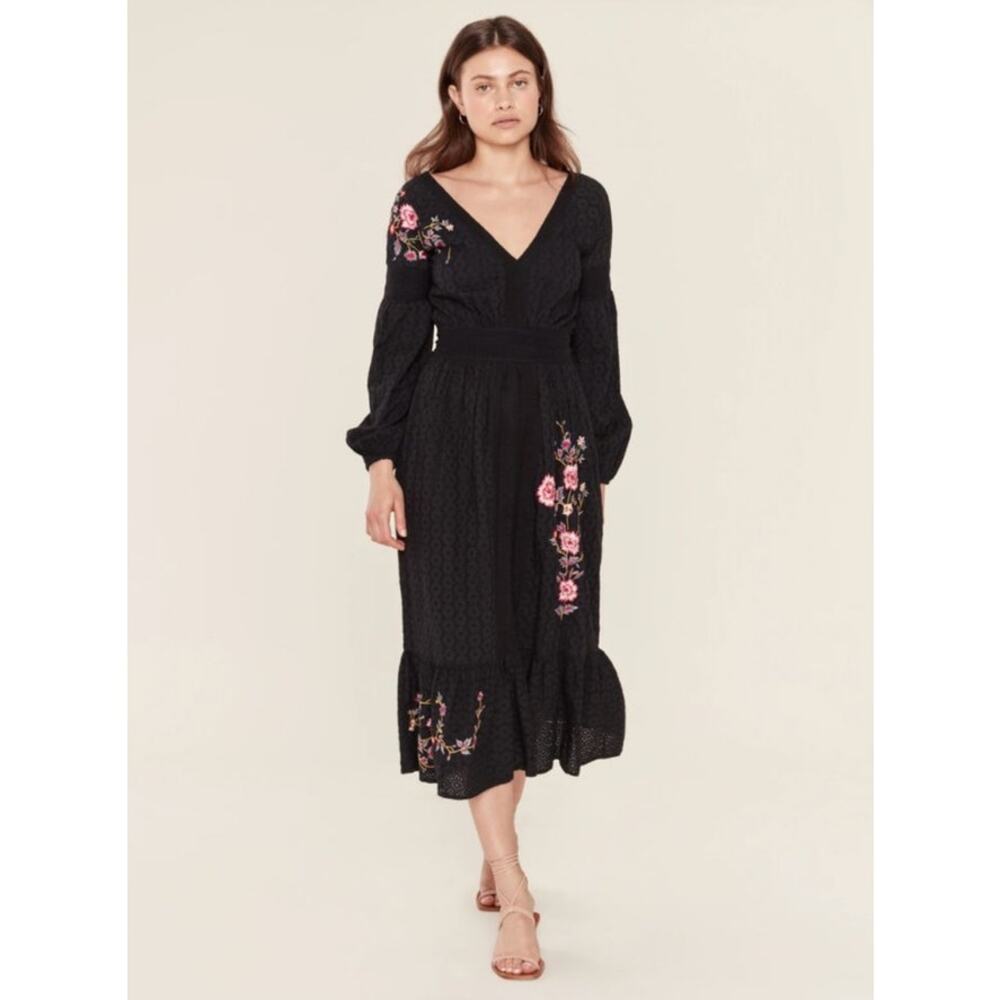 Misa Los Angeles Women Giovanna Eyelet Maxi Dress Small Black Floral Embroidered
